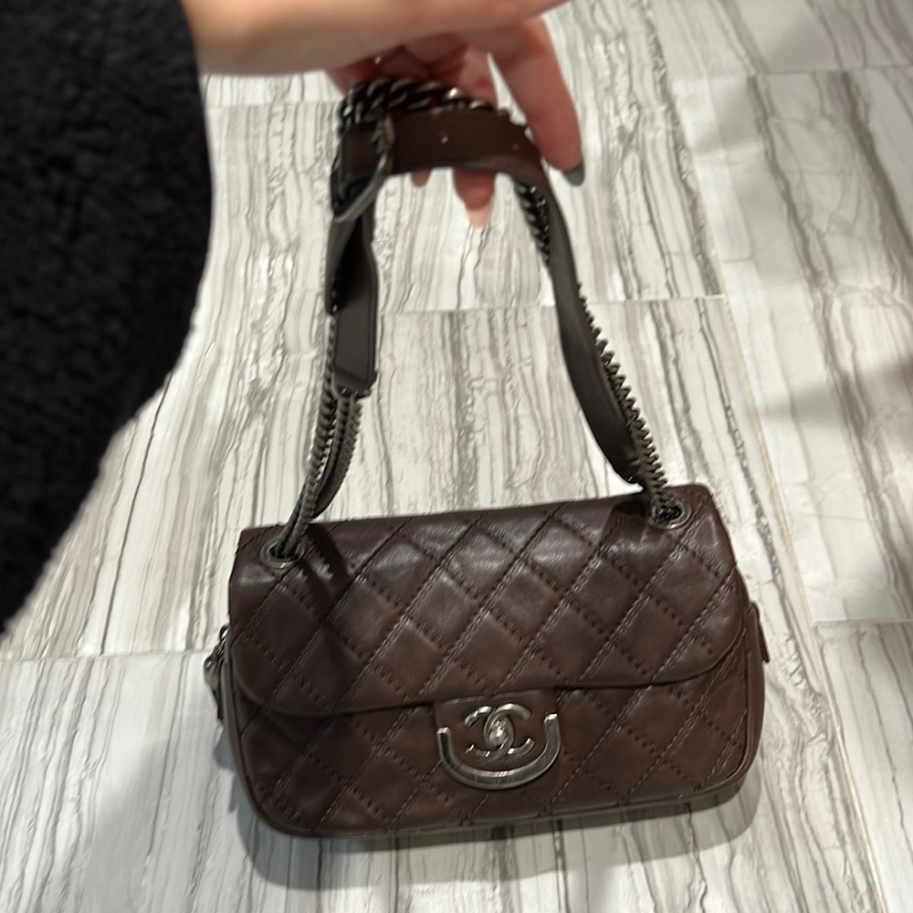 CHANEL Brown Quilted Leather Shoulder Bag with Silver Hardware